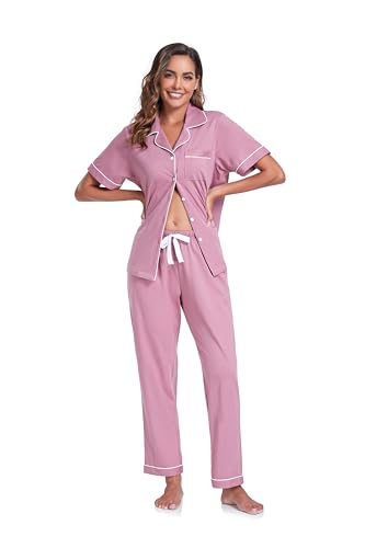 Image of COLORFULLEAF Women's 100% Cotton Pajamas Set Button Down Sleepwear Short Sleeve Shirt and Long Pants Soft Ladies Lounge Sets