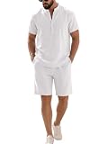 Oanviso Hombre Chándal 2 Piezas de Algodón y Lino Camisa Henry Manga Corta Verano Camiseta + Pantalones Cortos de Playa Deportivos Completo Traje Conjuntos A Blanco L