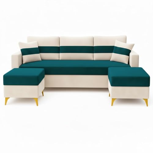 Image of SOCOZI Bastian 5 Seater L Shape Sofa Set with 2 Movable Ottomans | Flexible Layout | Soft Velvet Suede Fabric|Modern Sofa | Plush Comfort Cushions for Living Room (Green Teal-Cream)