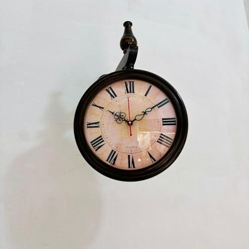 Image of Vintage Double-Sided Wall Clock, Antique Victorian Hanging Clock with Bracket, Silent Quartz Movement, Roman Numerals, Rustic Farmhouse Decor for Home & Office (Black)