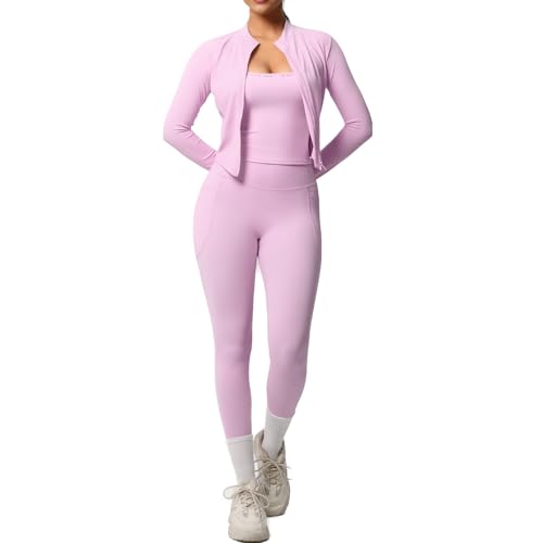 3-Piece Women’s Workout Set – Zip Jacket, Strappy Tank & High-Waist Pocket Leggings – Stretchy Outfit
