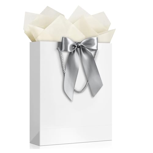 Image of JMANNI Gift Bag, 1PCS Gift Bags Large with Ribbon and 1 Greeting Cards 2 Tissue Paper, Portable Paper Gift Bag with Handles, Birthday Gift Bags,Present Bags for Wedding Party Mothers Day(PureWhite)