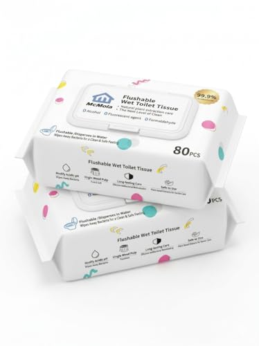 McMola Flushable Wipes for Adults - 160 Counts (2 Packs) Soft & Thick Moist Toilet Paper with Aloe Vera Vitamin E & Chamomile Biodegradable Septic Safe Personal Cleansing Wipes for Travel & Home