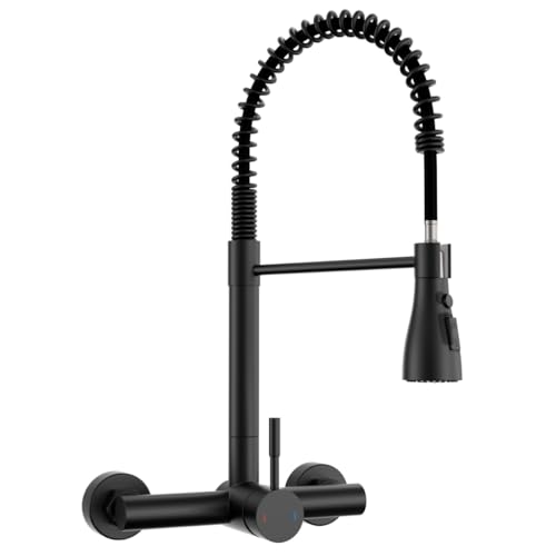 Image of Wall Mount Kitchen Faucet with Pull Down Sprayer 3 Functions, 304 Stainless Steel Wall Mount Faucet 8 Inch Center, Single Handle Kitchen Sink Faucet High Arc 360 Swivel, Matte Black