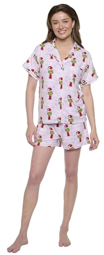 Conjunto de 2 peças com camisa de botão e pijama curto feminino Grinch Dr Seuss, Rosa Grinch, GG