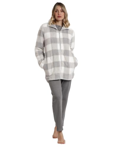 ADMAS Stay AT Home   Bata Mujer Invierno Calentita Cuadros con Cremallera y Bolsillos   Batas de Casa con Tejido Suave Corel en Color Gris   Ideal par