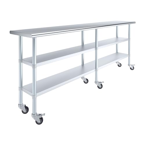 Image of AmGood Stainless Steel Work Table with 2 Shelves and Casters | Metal Utility Table On Wheels (Stainless Steel, 96 inch Long x 18 inch Deep)