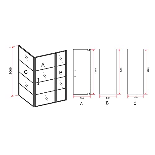 DE BESTE ALONI DOUCHECABINE MET SCHOMMELDEUR, VAST ELEMENT EN ZIJWAND IN ZWART MAT 90X140X200