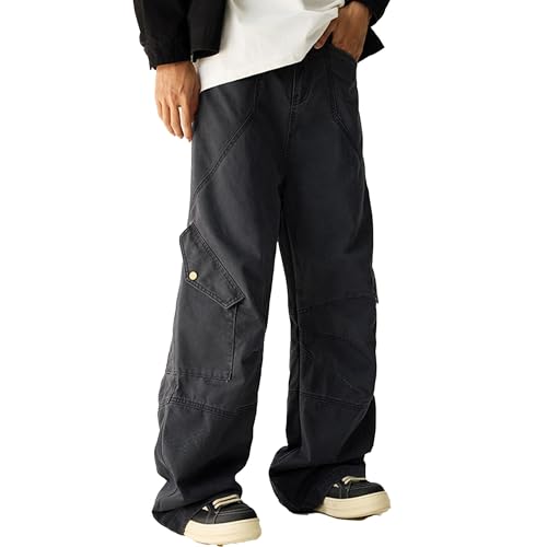 XYXIONGMAO Men's Black Streetwear Loose Joggers Sweatpants Pleated Overalls Multi-Pocket Hip Hop Casual Techwear Cargo Pants