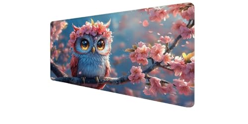 Alfombrilla ratón XXL para PC con bordes cosidos y tapete escritorio grande de búho y flor