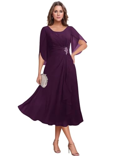 Women's Tea Length Mother of The Bride Dresses Chiffon Ruffles Short Sleeve Formal Dress for Wedding Guest