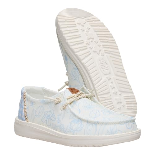 Image of HEYDUDE Girl's Youth Wendy Garden Floral Slip On Shoe | Skyway Blue /Multi | Lightweight Loafer with Elastic Laces