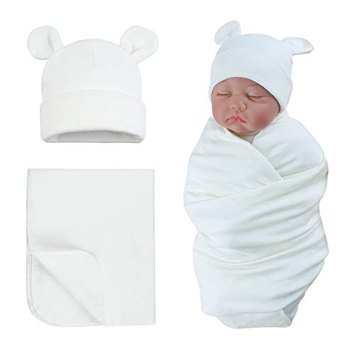 Image of PESAAT Cotton Baby Swaddle Hat Set Newborn Infant Hats Receiving Blankets for Baby Boys Girls