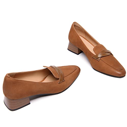 Image of FEMSTEP Women's Loafer Square Toe Slip On Casual Office Matte Leather Chunky Low Heel Formal Shoes 1.5 Inch