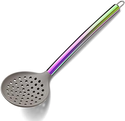 Rainbow Silicone Skimmer, Silicone Head and Stainless Steel Metal Handle Strainer With Titanium Rainbow Plating, Kitchen Cooking Skimmers For Non-Stick Cookware, Dishwasher Safe