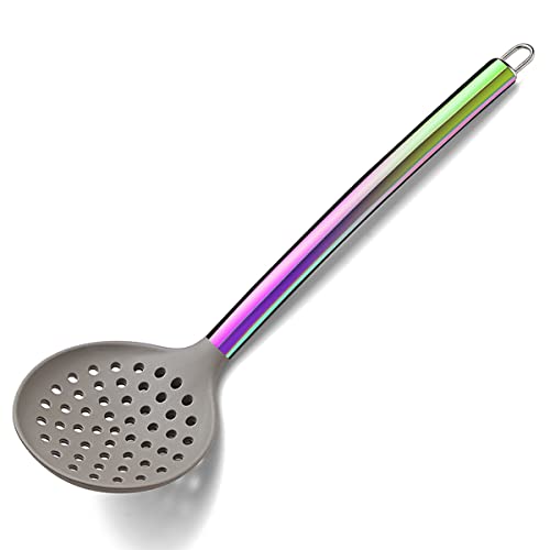 Rainbow Silicone Skimmer, Silicone Head And Stainless Steel Metal Handle Strainer With Titanium Rainbow Plating, Kitchen Cooking Skimmers For Non-Stick Cookware, Dishwasher Safe #TOP3