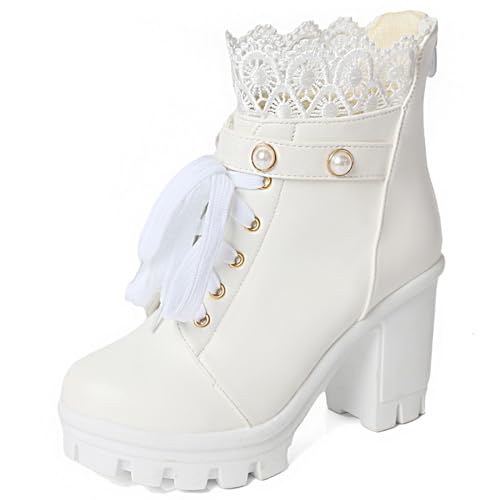 Image of MEOTINA Women Platform Boots Black Chunky Heel Ankle Booties Lace Buckle Combat Boots with Zipper High Heel Goth Shoes