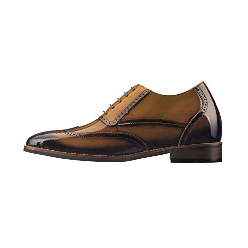 Image of CALTO Men's Invisible Height Increasing Elevator Shoes - Dark Brown Patent Leather Lace-up Wing-tip Formal Oxfords - 3 Inches Taller - S1017 - Size 6 D(M) US