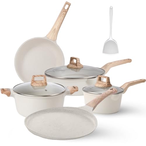 Image of UMETRE Pots and Pans Set, White Nonstick Induction Cookware Sets with Stay-Cool Handles, Kitchen Pan Sets for Cooking with Saucepan & Frying Pans & Crepe Pan, PFOS and PFOA Free