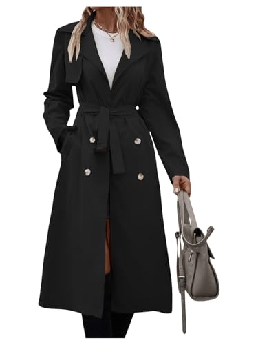 SOLY HUX Women's Trench Coat Lapel Double Breasted Belted Jacket Outerwear with Pockets Pure Black Medium