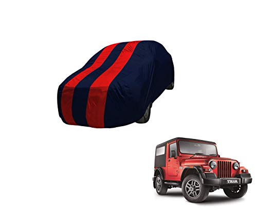 Image of Auto Hub Car Cover Compatible with Mahindra Thar Old with Mirror Pocket,Triple Stitched, Weather Proof, Thar Car Cover- Navy-Red