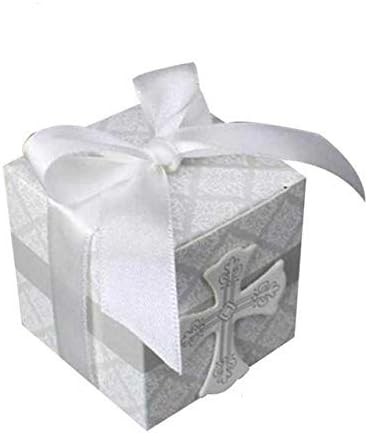 LASLULASLU Party Candy Boxes for Baptism 50pcs First Communion Favor Cross Candy Box Christening Baby Shower bomboniere wrap Holders with Ribbons (50pcs, Cross)