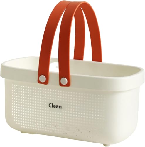 浴室用収納バスケット、通気性メッシュデザイン、31.5×17.8×15.6cm、シリコン持ち手付き、グレー/白/ピンク/グリーン (白)