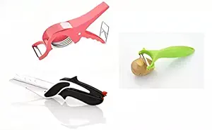 Plastic Vegetable Cutter with Stainless Steel Clever Chopper with Peeler (3 Pieces, Multicolor) | Plastic & Stainless Steel Peeler with Combo (Pack of 3)*