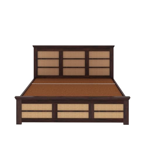 Image of Ganpati Arts Solid Sheesham Wood Queen Size Cane Bed with Hydraulic Storage | Solid Wooden Double Bed Cot Bed with Box with Headboard (Walnut Finish)