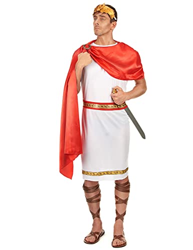 DEGUISE TOI - Déguisement Romain avec couronne homme - Toge avec cape - Ceinture - Serre-tête - M/L - Rouge - Déguisements adultes - 100% polyester - Laver à la main - Carnaval
