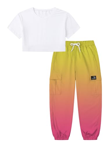 Image of Betusline Girls 2 Piece Set, White Cute Short Sleeve Crop Tops + Yellow Orange Gradient Cargo Jogger Pants Clothes, 4-5T = Tag 120