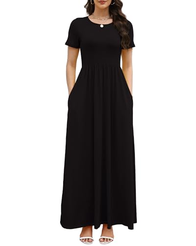 Image of COSSEN Women's Crew Neck Short Sleeve Maxi Dress with Pockets Casual Loose Swing for Wedding Guest Beach Vacation