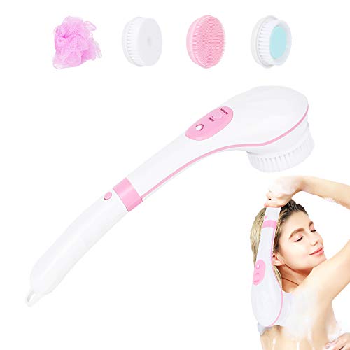 USB charging rotating shower brush electric bath brush bath back brush with long handle waterproof electric back brush 6-gear variable speed bath brush device with 5 brush heads(PINK)
