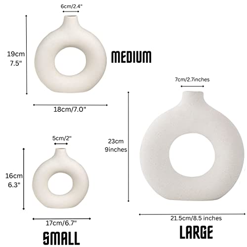 Ceramic Hollow Donut Vase Set Of 3 For Pampas Grass | Neutral Modern Home Decor, Small Boho Minimalist Round White | Japandi Clay Beige Decorative For Bedroom, Living, Wedding, Office, Coffee Table #TOP6