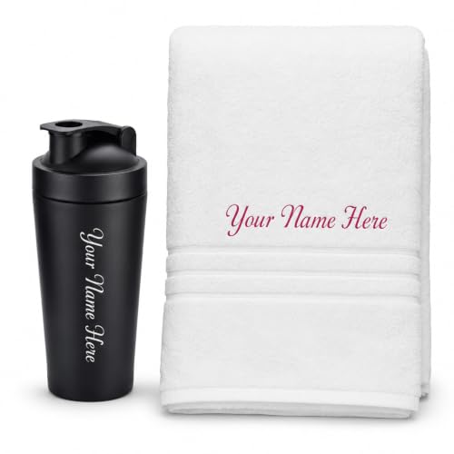 Image of SAVRI Personalized Gifts Customized Stainless Steel Protein Shaker Bottle 750ml with Mixing Ball & White Towel Combo set | Best Gift for Gym Lover, Fitness Lover, Men & Women