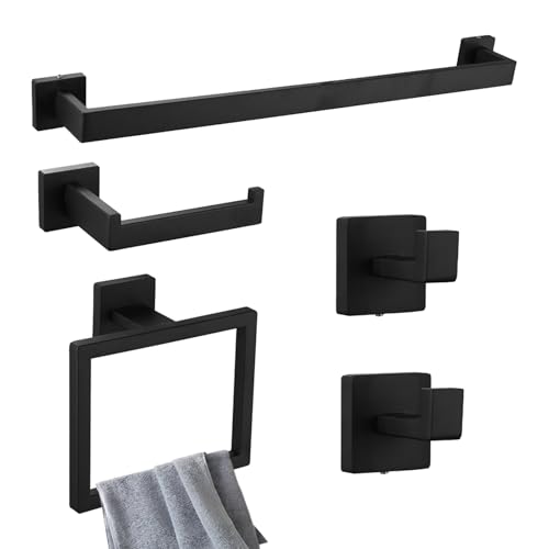 LIZWETEC Matte Black Bathroom Accessories Set, 22.2 Inch Bath Towel Bar Set, Stainless Steel Bathroom Hardware Set, Towel Racks for Bathroom Wall Mounted