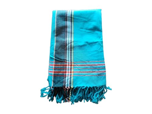 Unisex African Kikoy Scarf, Sarong, Wrap, Throw - 100% Cotton, Handmade Tassels, Multi-Use Beach Cover-Up, Towel, Picnic Blanket, & More - Turquoise Blue.