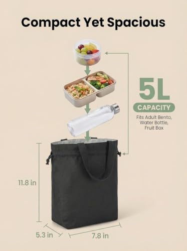 Image of Insulated Lunch Bag with Drawstring Closure, Green, Reusable Tote for Meals (Black)