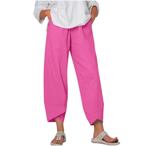 Linen Pants Women Summer Casual Capri Pants Elastic Waist Crop Palazzo Trousers with Pockets Baggy Trendy Beach Pant