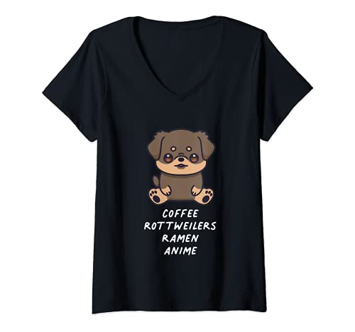 Mujer Café Rottweilers Ramen Anime Kawaii Dog Lover Owner Japan Camiseta Cuello V