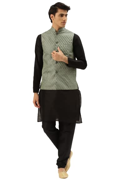 sojanya (Since 1958 Men's Silk Blend Black Kurta Pyjama & Maroon Self Design Nehru Jacket Combo-picture-17
