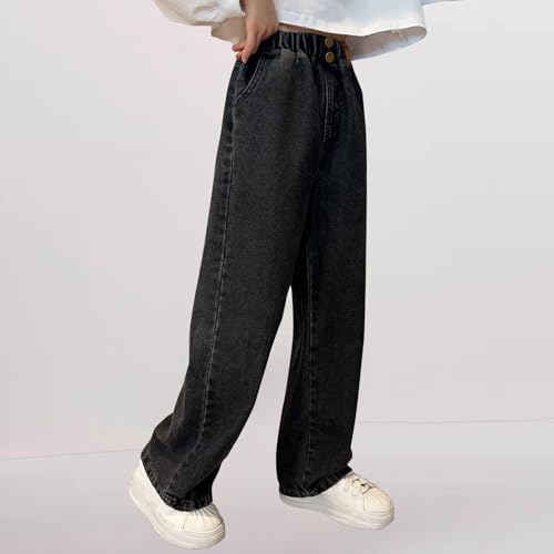 Girls Jeans Elastic Button Straight Leg Baggy Denim Pants High Waist Trendy Trousers Preppy Y2k Streetwear with Pockets4