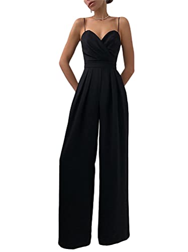 Minetom Femmes Combinaison Jumpsuit Col V sans Manches Playsuit Couleur Unie Long Pantalon Cocktail Soirée Cérémonie Romper B Noir L