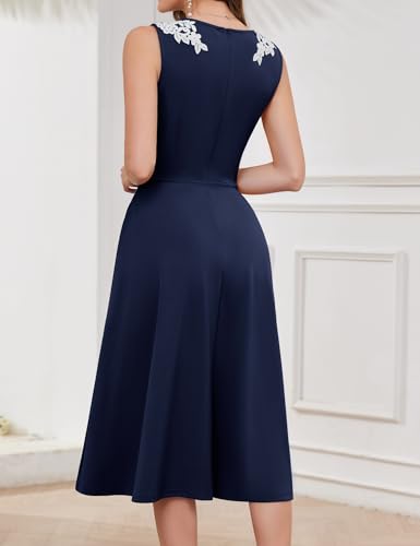 Image of Dressystar Sleeveless Cocktail Party Dress with Pocket 2025 Women V Neck Slit Tea Length Casual Dresses Work Wedding Guest