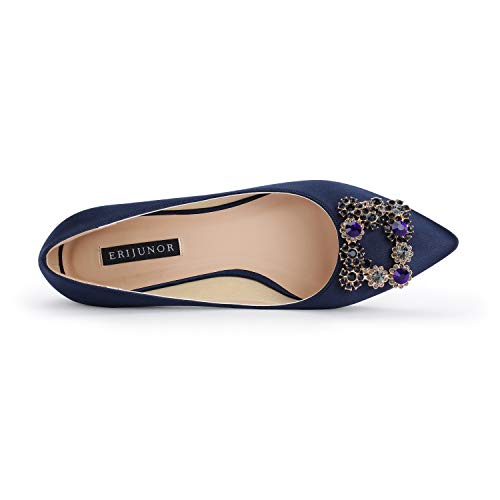 ERIJUNOR Women Comfort Flat Rhinestone Satin Wedding Shoes Pointy Toe Slip On Prom Evening Party Dress Shoes3