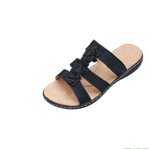 Women's Floral-Embellished Slip On Sandals with Arch Support Low Wedge Comfortable Wide Fit Summer Shoes