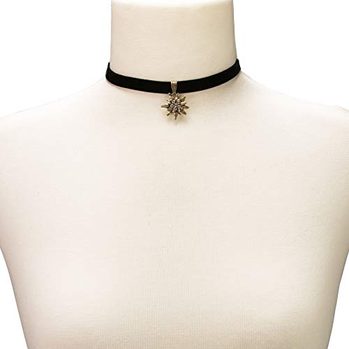 Alpenflüstern Trachten-Samt-Kropfband Strass-Edelweiß klein altgoldfarben - Trachtenkette enganliegend, Kropfkette elastisch, Damen-Trachtenschmuck, Samtkropfband schmal schwarz DHK240