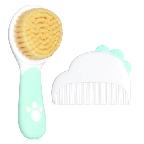 Image of Baby Hair Brush and Comb Set, Soft Bristles Cradle Cap Brush for Newborns, Toddlers, Baby Registry Gift (Green)