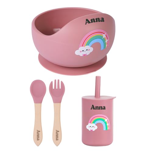 TYRY.HU Personalizada Cubiertos Bebe,Vajilla Bebe Silicona,Juego de Platos Bebe con Ventosa,Cubiertos Infantiles,Incluye Tenedor,Cuchara y Bol,Tazas Baby Led Weaning