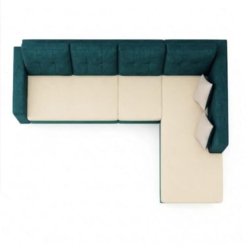 Image of FURNY Nathan 5 Seater L Shape Sofa Set RHS (Green Teal-Cream) | Suede Velvet Finish | Durable Comfort Sofa for Modern Living Room & Office Spaces
